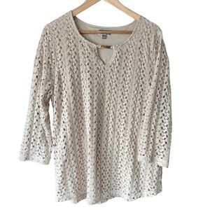 JM Collection Crochet Keyhole Top 3/4 Sleeve Champagne Top - L